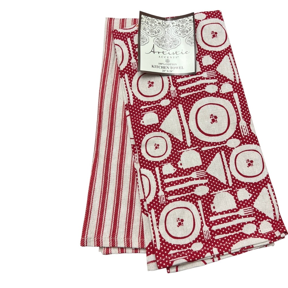 Artistic Accents Kitchen Towel Set 2pc Red White Stripe Tableware NWT 20x28